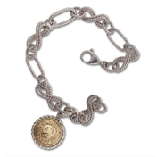 Sterling Silver and 14KT Gold Round Lion Charm Bracelet 7 3/4"